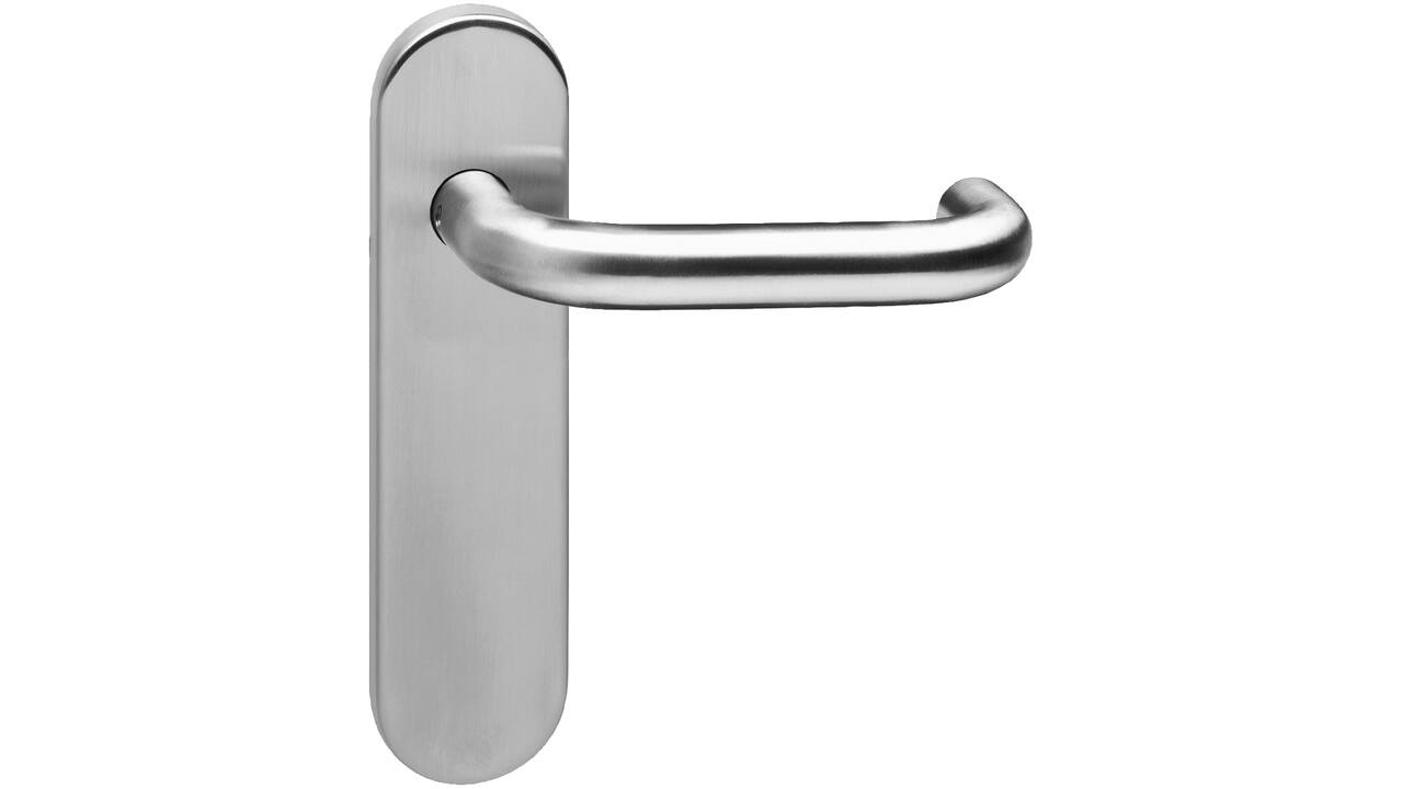 Deurkruk Rond brandvertragend met stift 9x9mm op schild verdekt ovaal 176x46mm blind rvs