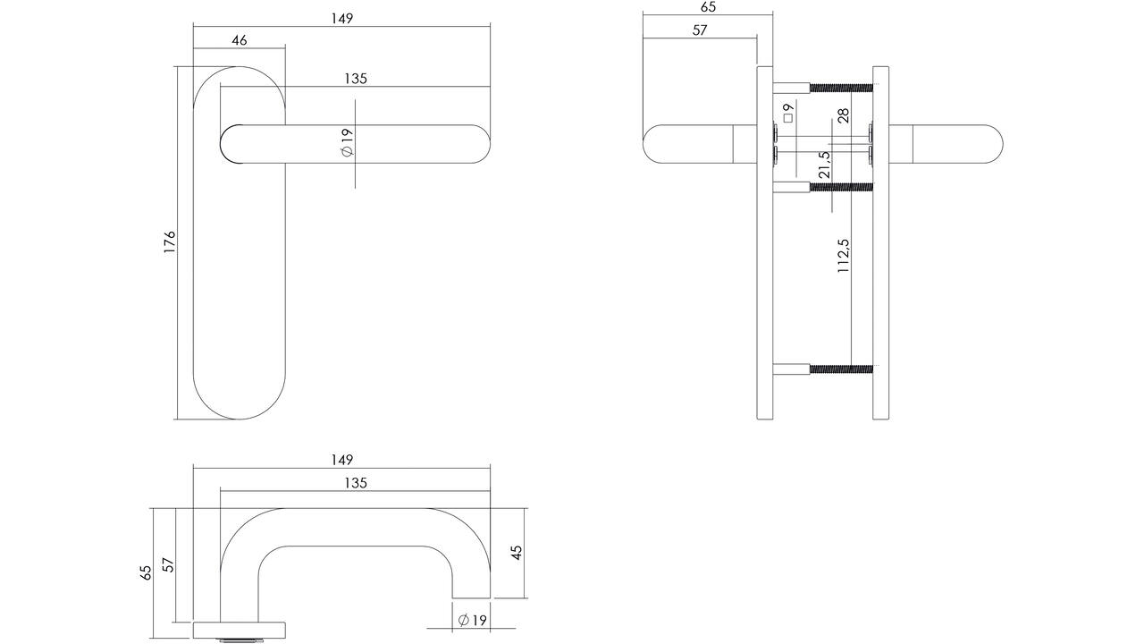 Deurkruk Rond brandvertragend met stift 9x9mm op schild verdekt ovaal 176x46mm blind rvs