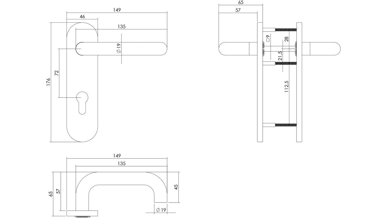 Deurkruk Rond brandvertragend met stift 9x9mm op schild verdekt ovaal 176x46mm profielcilindergat 72mm rvs