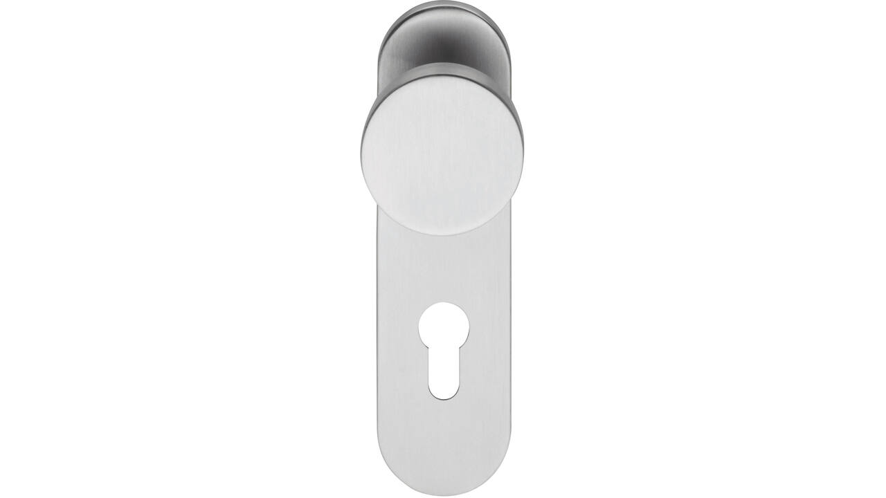 Knopschild ovaal verdekt brandvertragend 170x47x8mm met vaste knop plat en wisselstift 9mm profielcilindergat 72mm rvs
