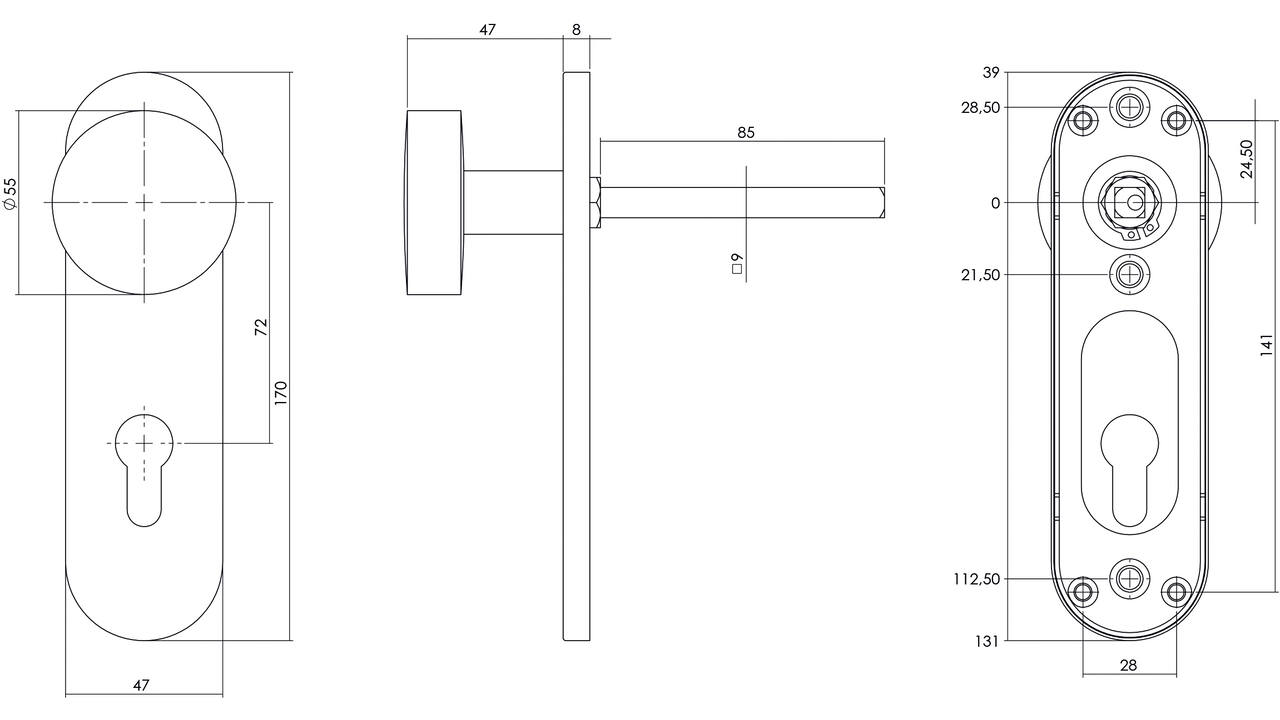 Knopschild ovaal verdekt brandvertragend 170x47x8mm met vaste knop plat en wisselstift 9mm profielcilindergat 72mm rvs