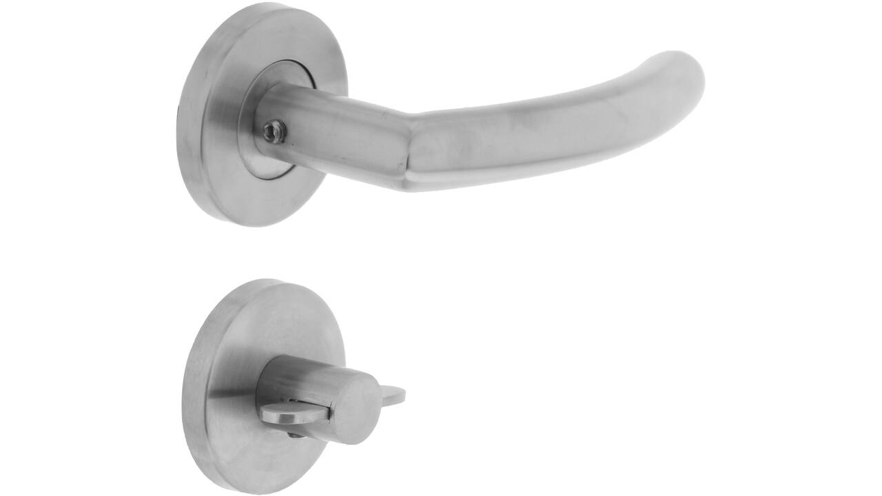 Deurkruk Half rond/90°op rozet verdekt ø55x8mm met nokken en WC-sluiting met stift 8x8mm rvs