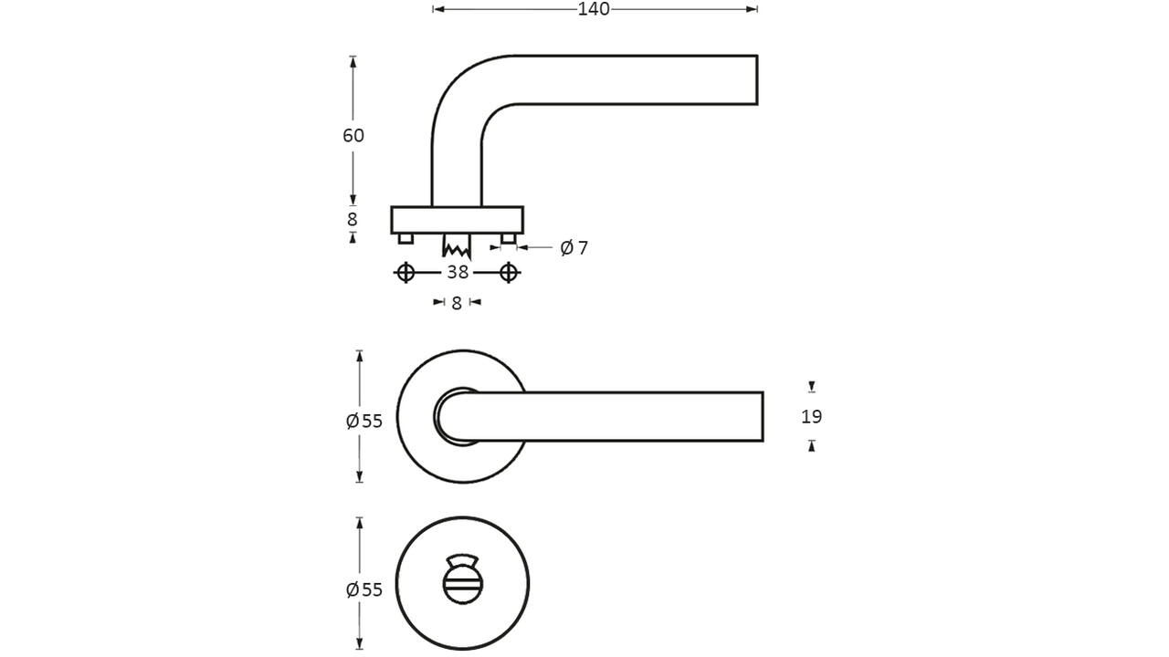Deurkruk Half rond/90°op rozet verdekt ø55x8mm met nokken en WC-sluiting met stift 8x8mm rvs