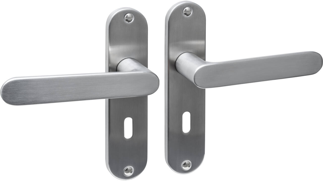 Deurkruk Sora basic op schild ovaal 185x41mm sleutelgat 56mm rvs