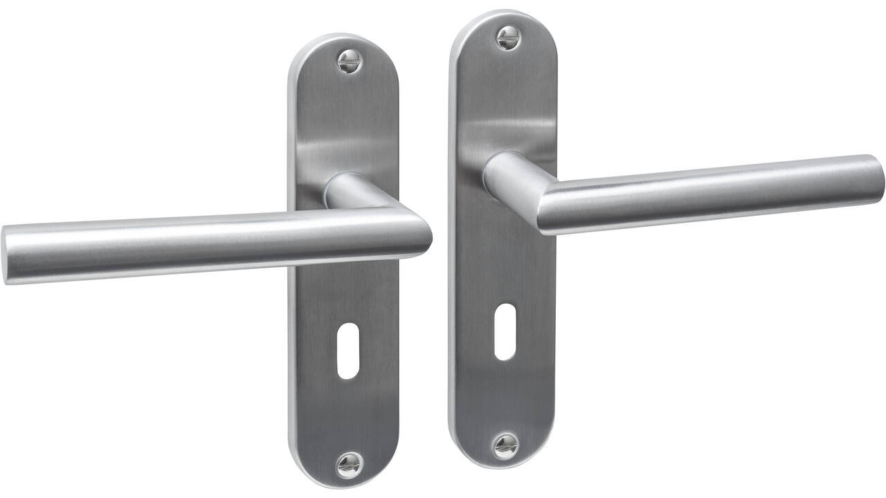 Deurkruk Jura basic op schild ovaal 185x41mm sleutelgat 56mm rvs