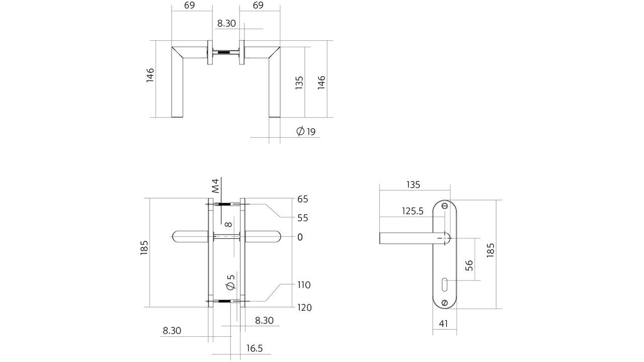 Deurkruk Jura basic op schild ovaal 185x41mm sleutelgat 56mm rvs