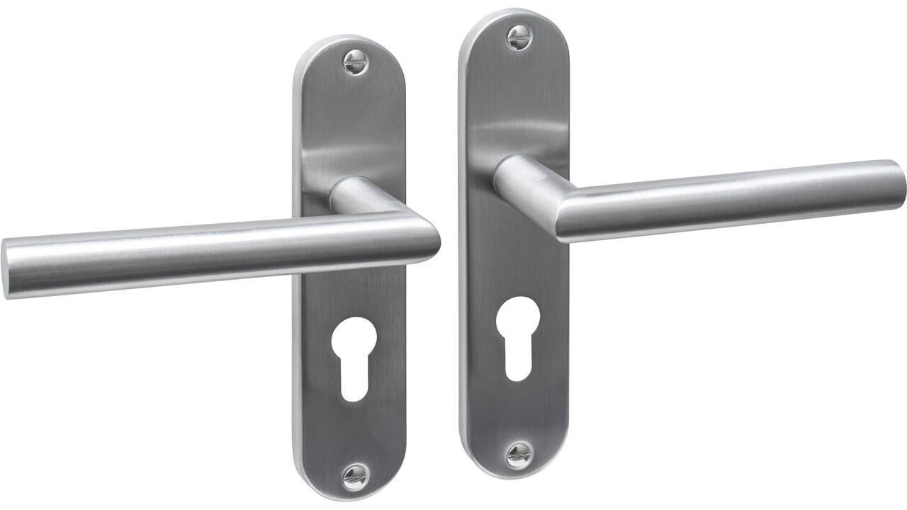 Deurkruk Jura basic op schild ovaal 185x41mm profielcilindergat 55mm rvs