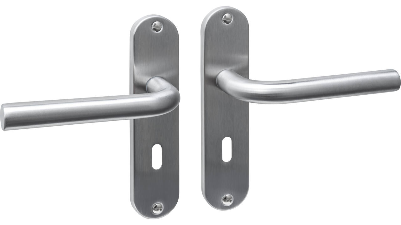 Deurkruk Luzern basic op schild ovaal 185x41mm sleutelgat 56mm rvs