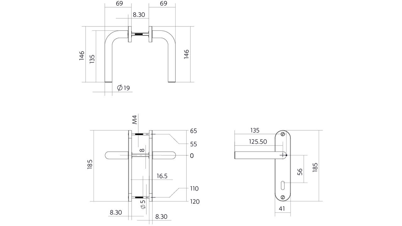 Deurkruk Luzern basic op schild ovaal 185x41mm sleutelgat 56mm rvs