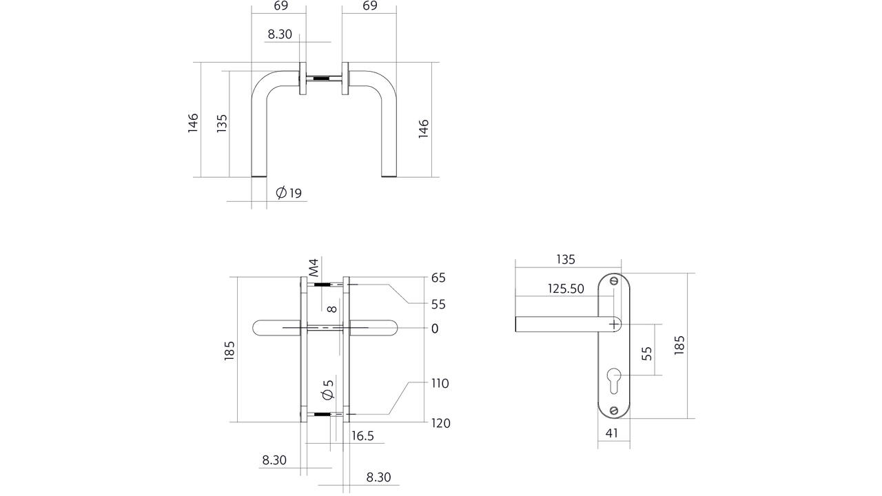 Deurkruk Luzern basic op schild ovaal 185x41mm profielcilindergat 55mm rvs