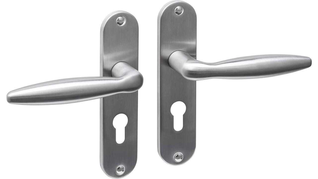 Deurkruk Jupiter basic op schild ovaal 185x41mm profielcilindergat 55mm rvs
