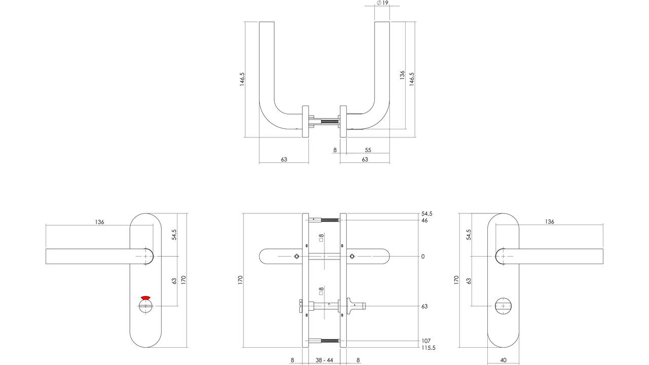 Deurkruk Recht basic op schild verdekt ovaal 170x40mm wc 63/8mm rvs