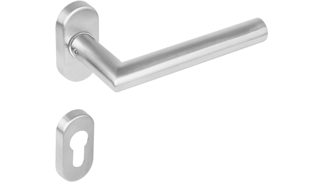 Deurkruk Jura op rozet verdekt ovaal 65x30x10mm en cilinderrozetten rvs