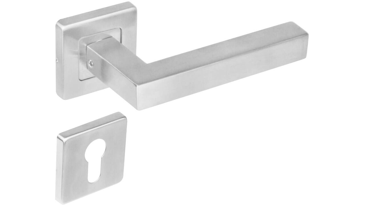 Deurkruk Vierkant op rozet verdekt 53x53x8mm met nokken en cilinderrozetten rvs
