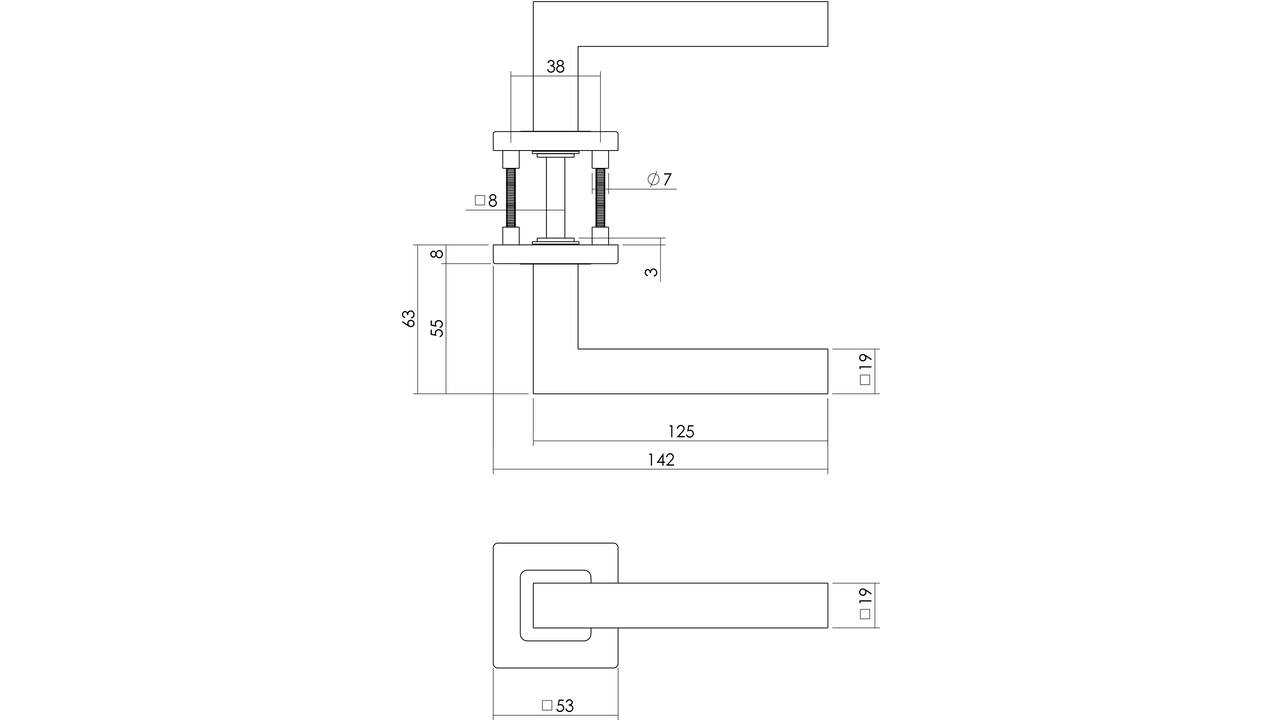 Deurkruk Vierkant op rozet verdekt 53x53x8mm met nokken en cilinderrozetten rvs
