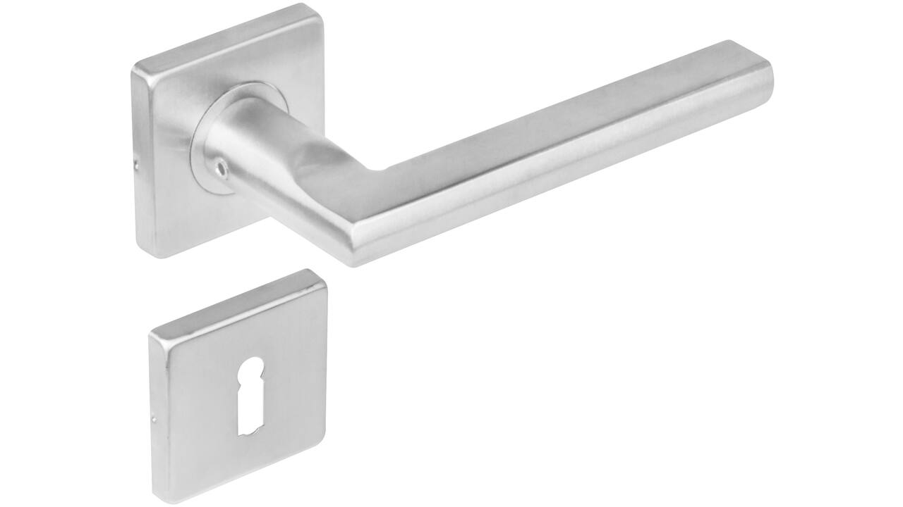 Deurkruk Hoek 90°/plat op rozet verdekt 53x53x8mm met nokken en sleutelrozetten rvs