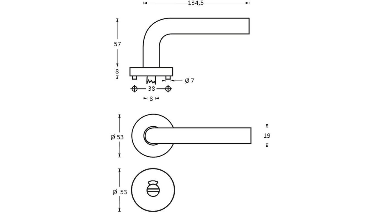 Deurkruk Rond op rozet verdekt ø53x8mm met nokken en WC-sluiting met stift 8x8mm rvs