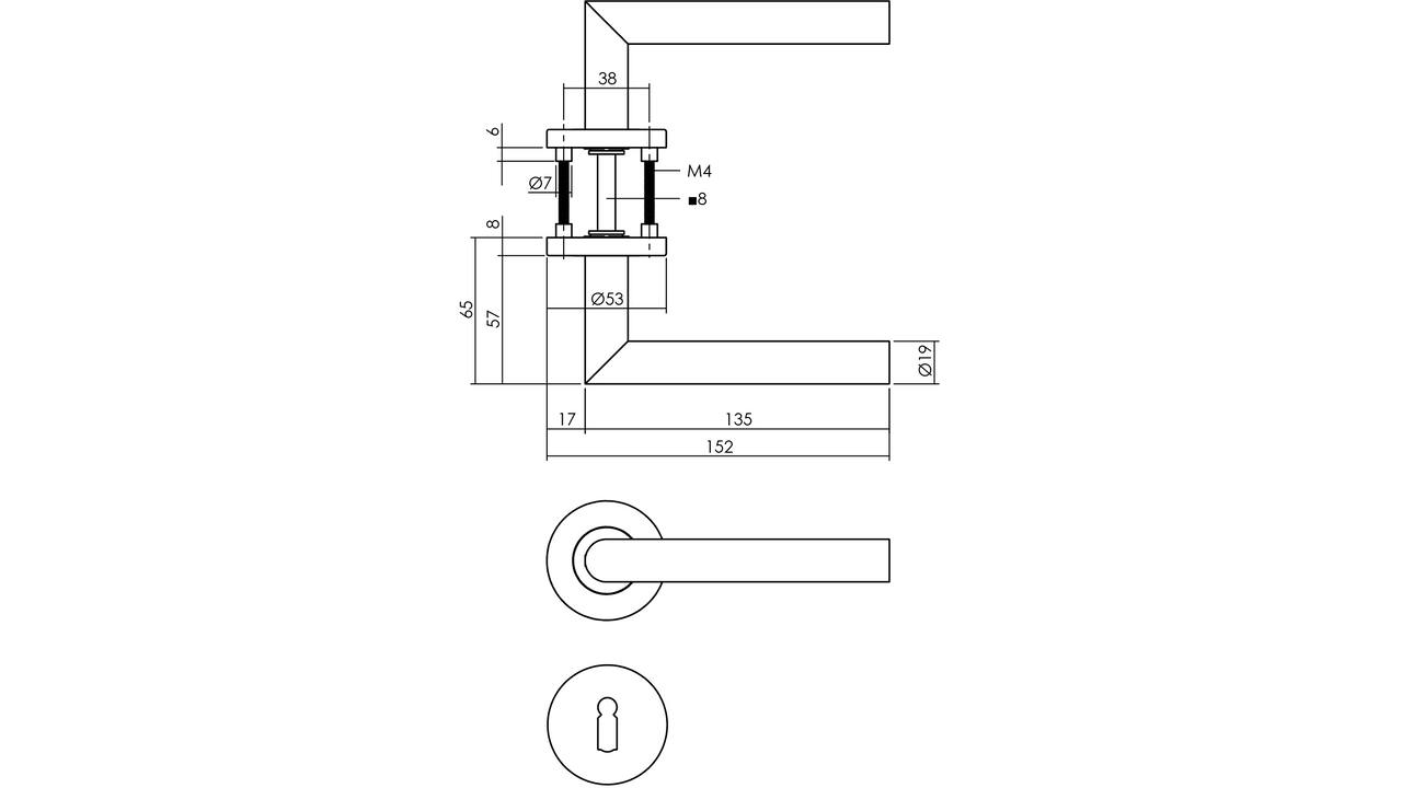 Deurkruk Jura op rozet verdekt ø53x8mm met nokken en sleutelrozetten rvs