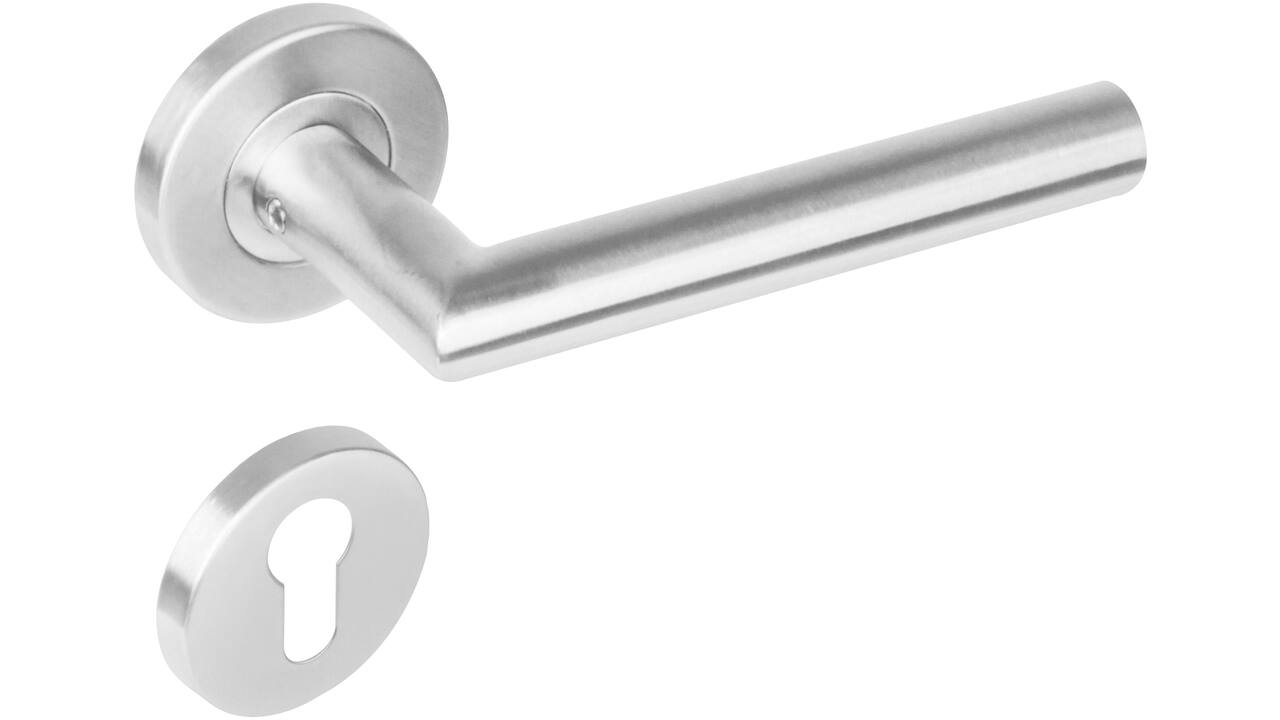 Deurkruk Jura op rozet verdekt ø53x8mm met nokken en cilinderrozetten rvs