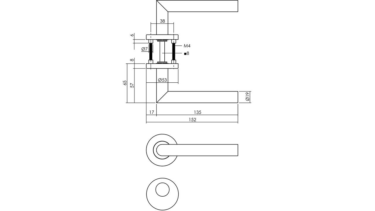Deurkruk Jura op rozet verdekt ø53x8mm met nokken en rondcilinderrozetten rvs