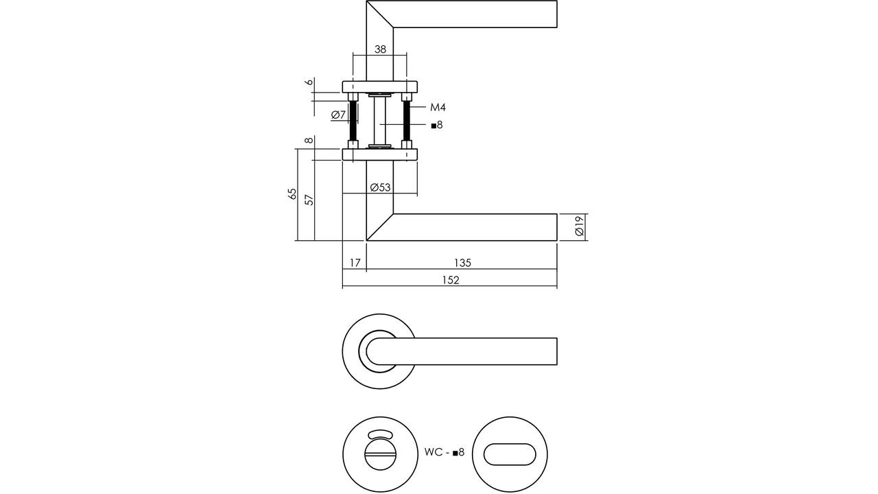 Deurkruk Jura op rozet verdekt ø53x8mm met nokken en WC-sluiting met stift 8x8mm rvs