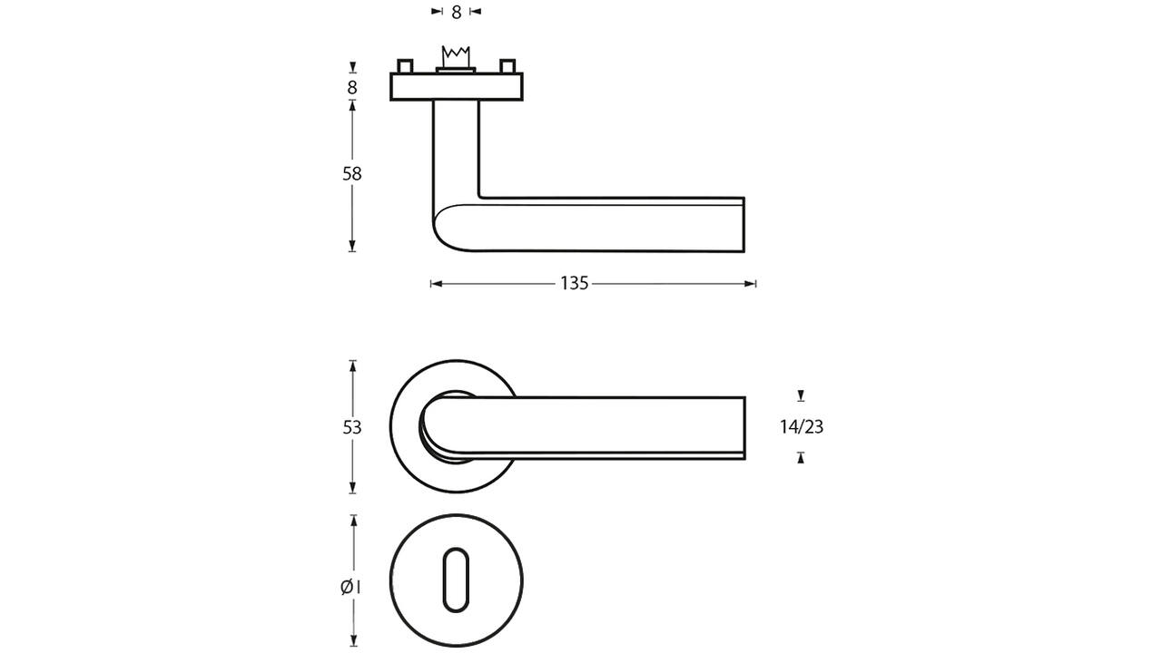 Deurkruk Ovaal/90° op rozet verdekt ø53x8mm met nokken en sleutelrozetten rvs