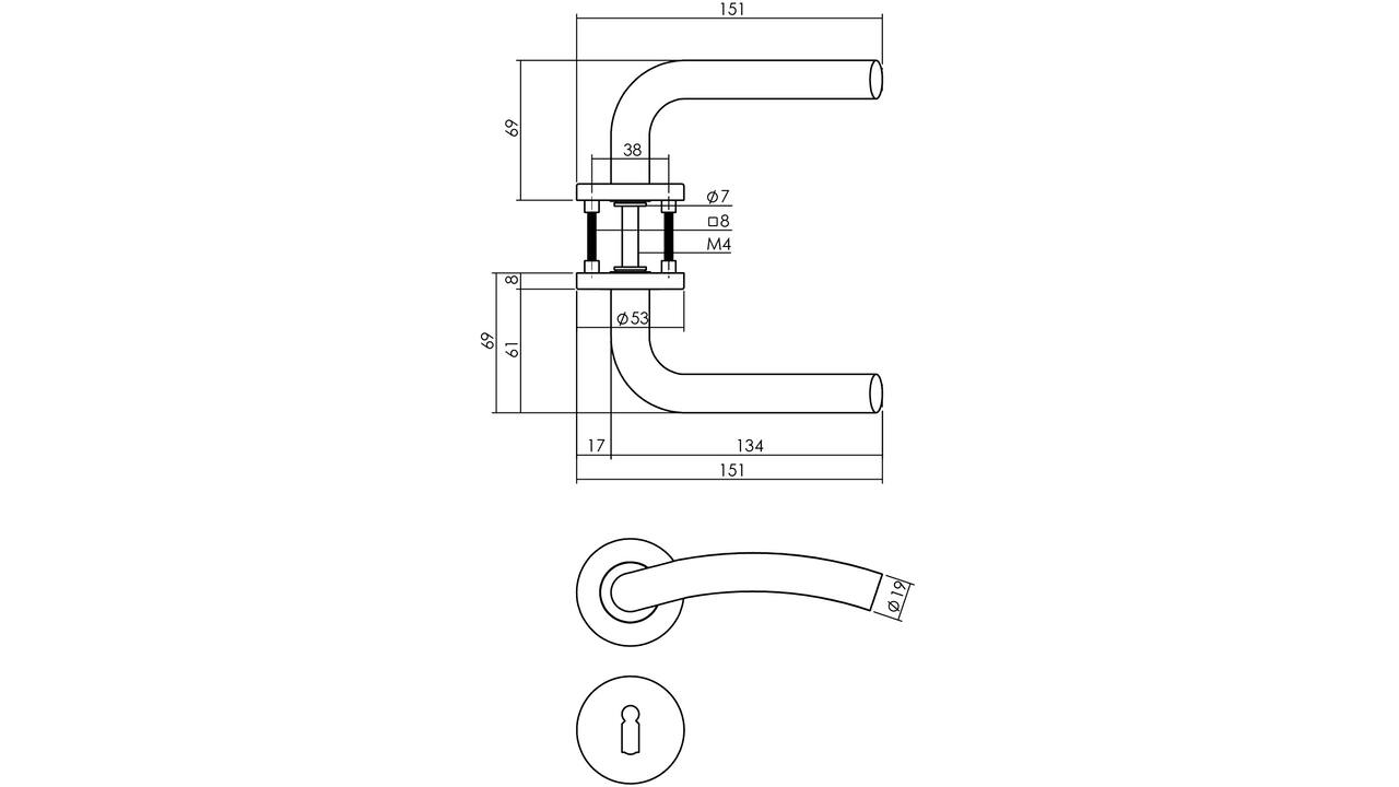 Deurkruk Lisa op rozet verdekt ø53x8mm met nokken en sleutelrozetten rvs