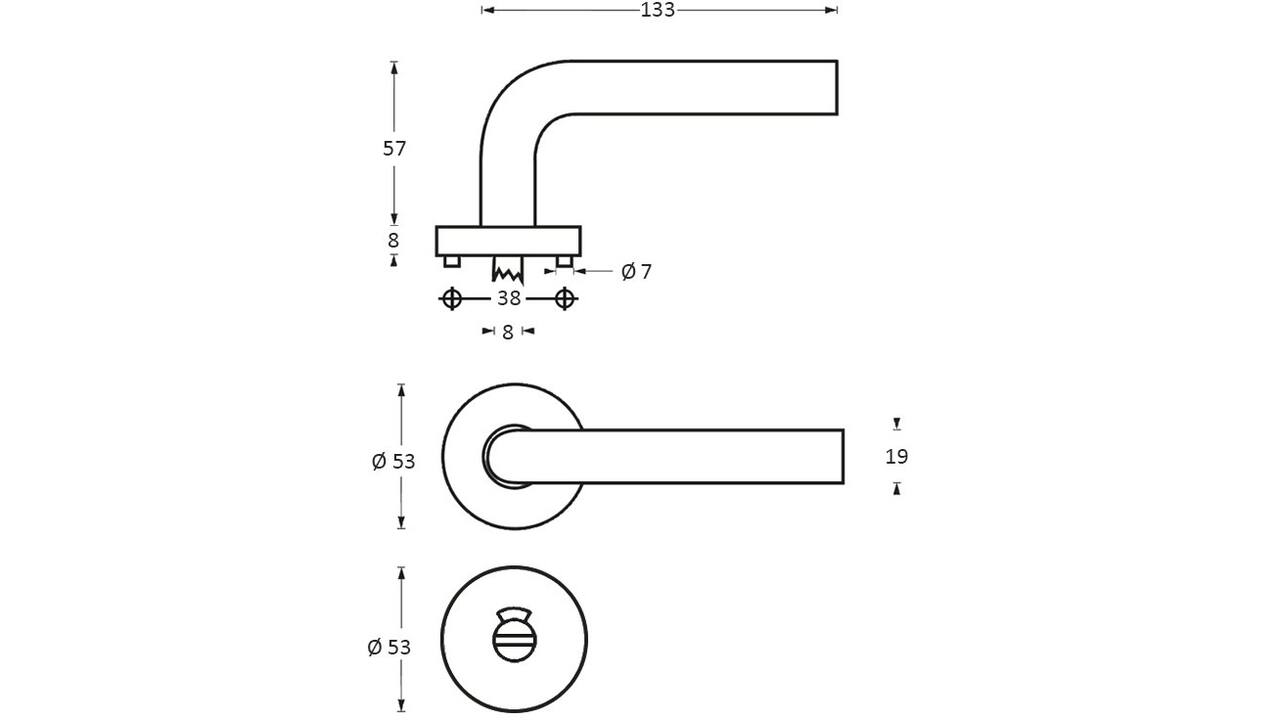 Deurkruk Lisa/90°op rozet verdekt ø53x8mm met nokken en WC-sluiting met stift 8x8mm rvs