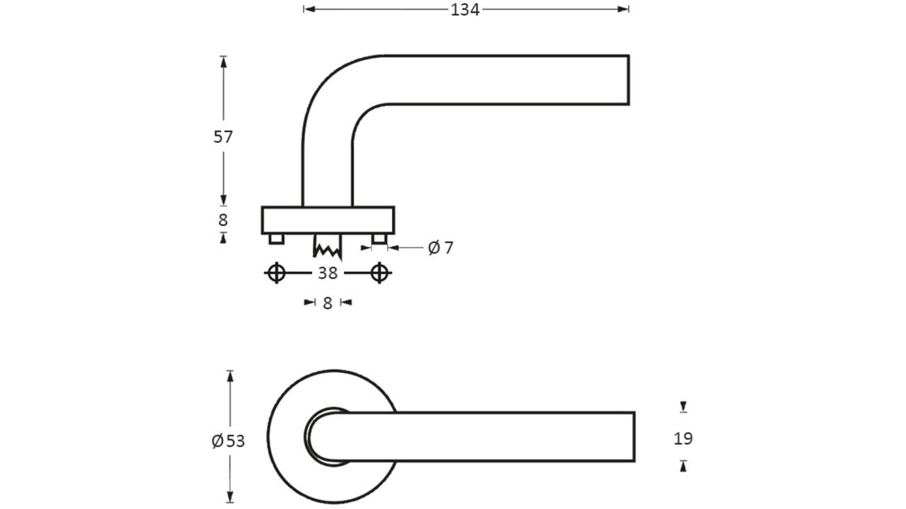 Deurkruk Half rond/90° op rozet verdekt ø53x8mm met nokken EN1906/4 rvs