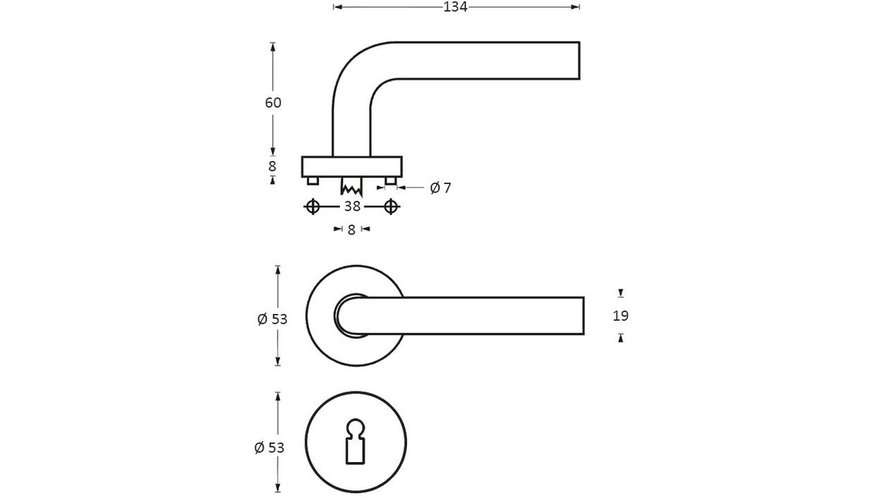 Deurkruk Half rond/90° op rozet verdekt ø53x8mm met nokken en sleutelrozetten rvs