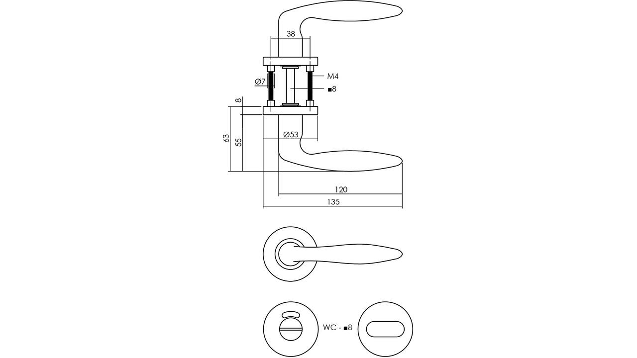 Deurkruk Jupiter op rozet verdekt ø53x8mm met nokken en WC-sluiting met stift 8x8mm rvs