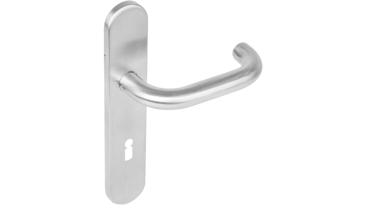 Deurkruk Rond op schild verdekt ovaal 219x40mm met nokken sleutelgat 72mm rvs EN1906/4