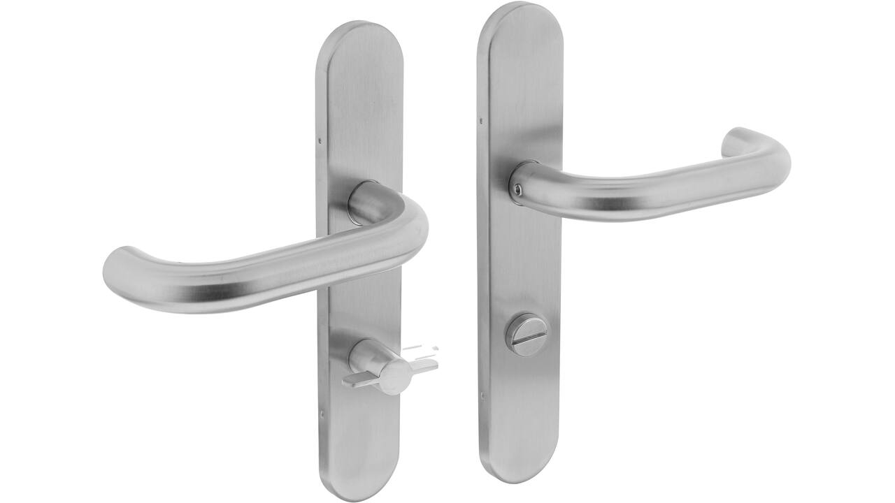 Deurkruk Rond op schild verdekt ovaal 219x40mm met nokken wc 72/8mm rvs EN1906/4