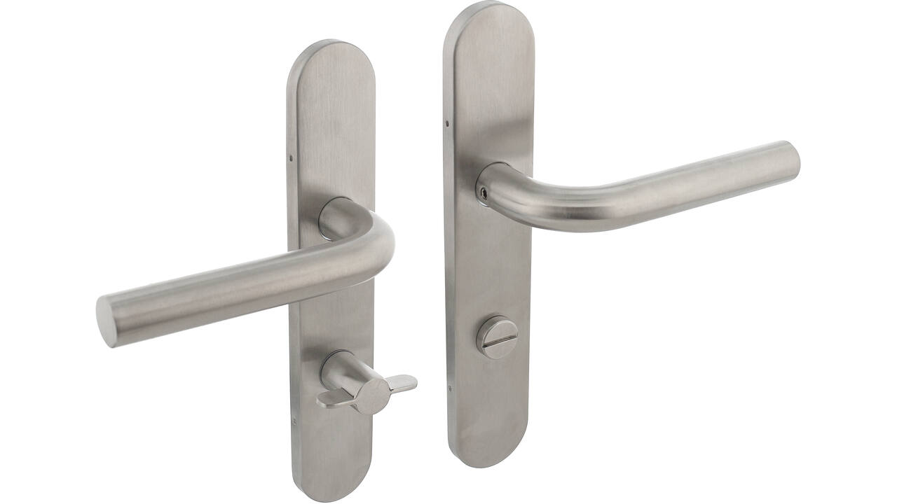 Deurkruk Recht op schild verdekt ovaal 219x40mm met nokken wc 72/8mm rvs EN1906/4
