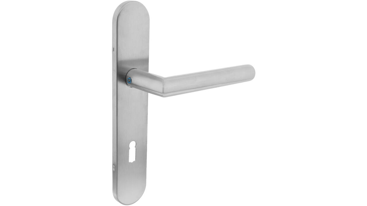 Deurkruk Jura op schild verdekt ovaal 219x40mm met nokken sleutelgat 72mm rvs EN1906/4