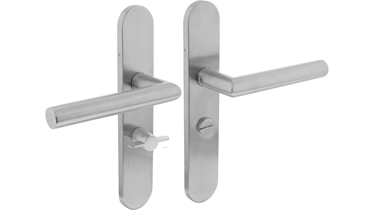 Deurkruk Jura op schild verdekt ovaal 219x40mm met nokken wc 55/8mm rvs EN1906/4