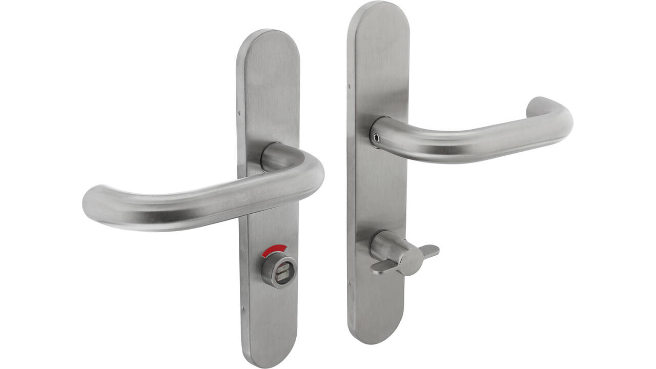 Deurkruk Rond op schild verdekt ovaal 219x40mm met nokken wc 72/8mm stiftbediening rvs EN1906/4