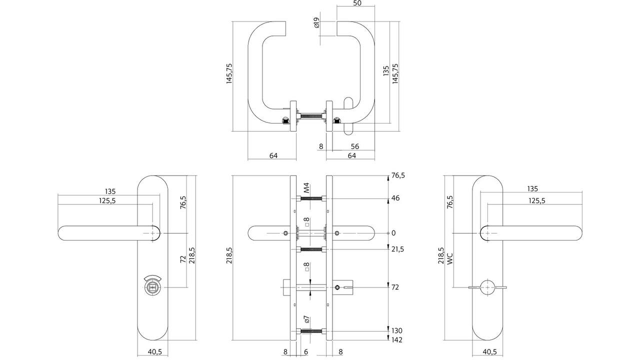 Deurkruk Rond op schild verdekt ovaal 219x40mm met nokken wc 72/8mm stiftbediening rvs EN1906/4