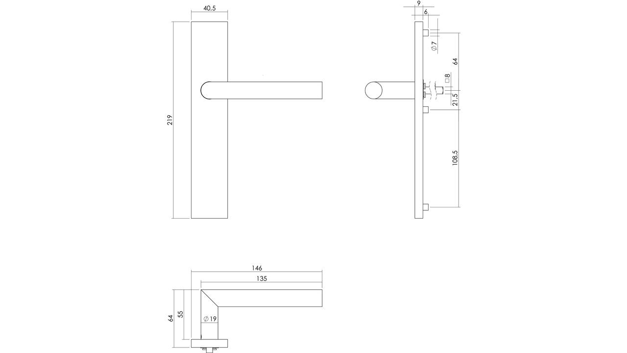 Deurkruk Jura op schild verdekt rechthoekig 219x40mm met nokken blind rvs EN1906/4