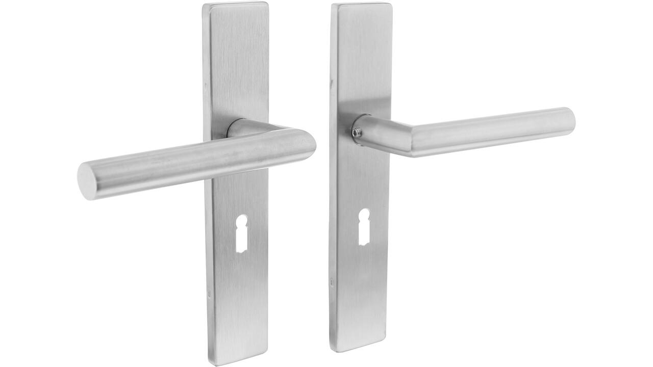 Deurkruk Jura op schild verdekt rechthoekig 219x40mm met nokken sleutelgat 56mm rvs EN1906/4