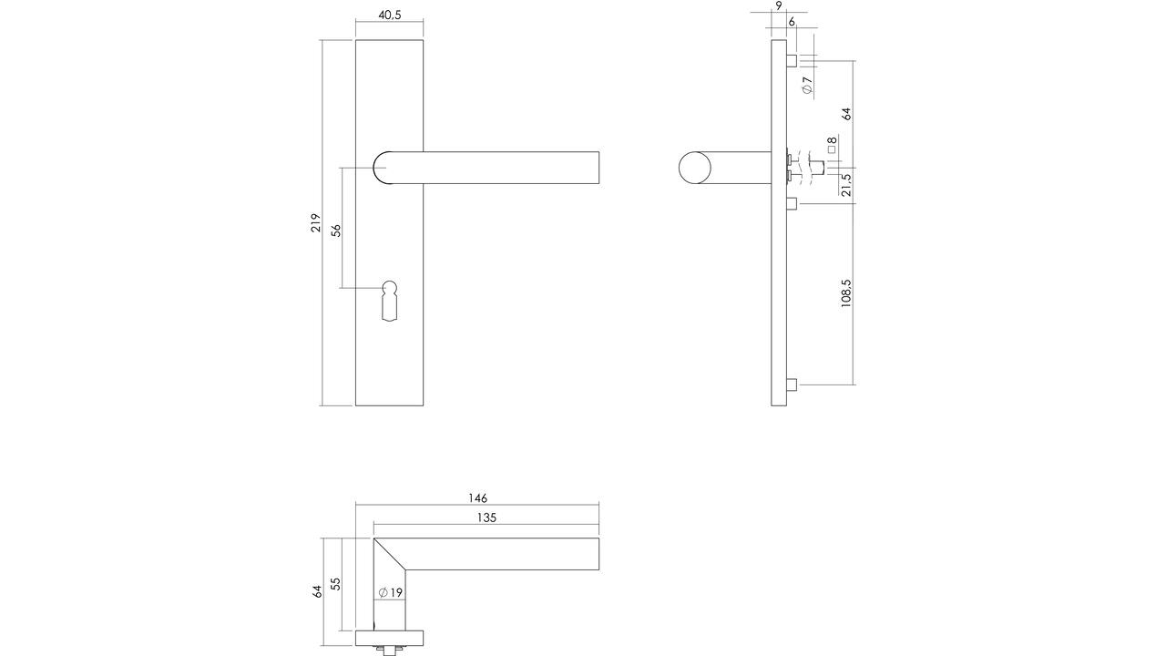 Deurkruk Jura op schild verdekt rechthoekig 219x40mm met nokken sleutelgat 56mm rvs EN1906/4
