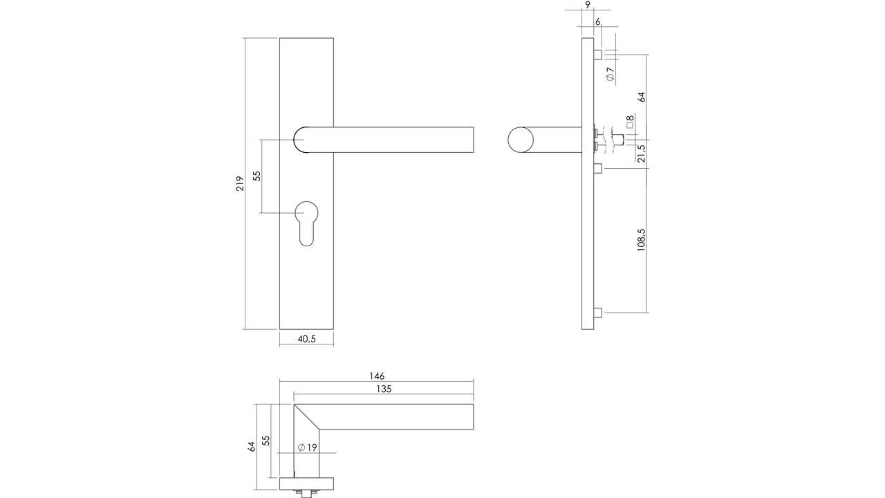 Deurkruk Jura op schild verdekt rechthoekig 219x40mm met nokken profielcilindergat 55mm rvs EN1906/4
