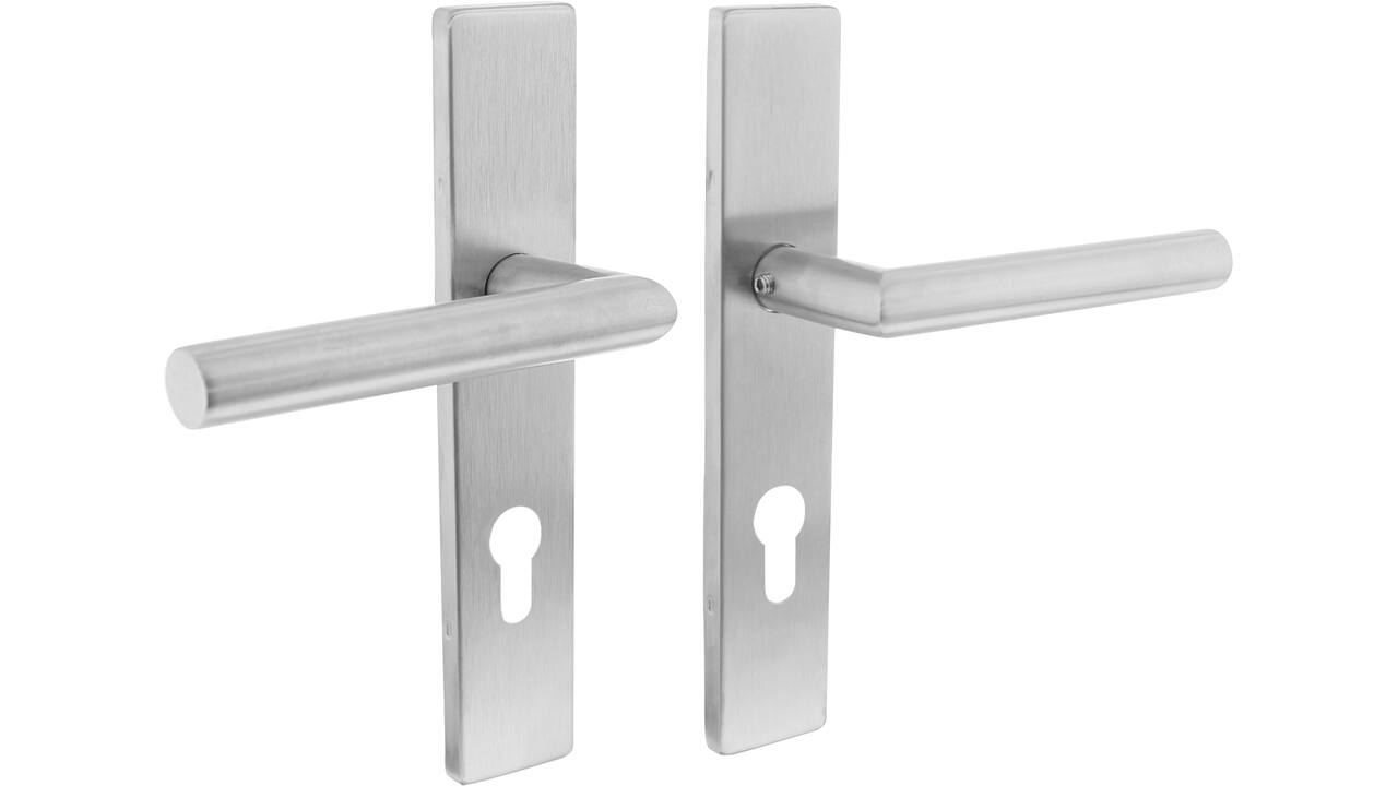 Deurkruk Jura op schild verdekt rechthoekig 219x40mm met nokken profielcilindergat 72mm rvs EN1906/4