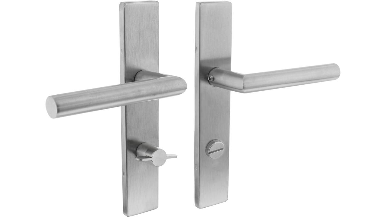 Deurkruk Jura op schild verdekt rechthoekig 219x40mm met nokken wc 72/8mm rvs EN1906/4