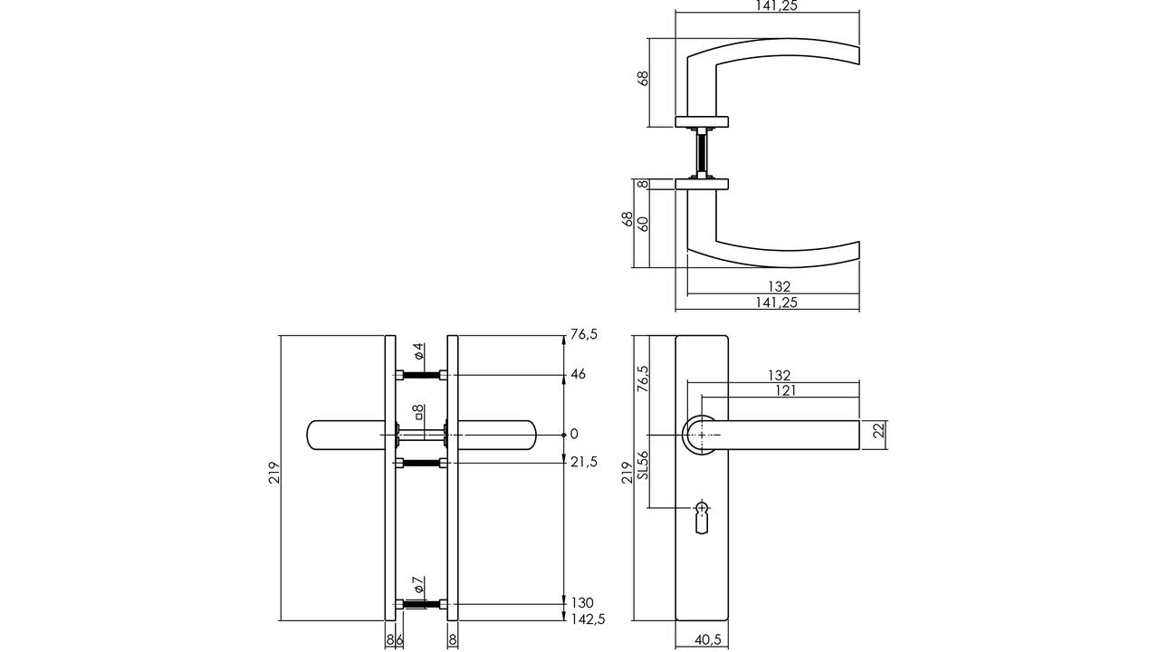 Deurkruk Blok op schild verdekt rechthoekig 219x40mm met nokken sleutelgat 56mm rvs EN1906/4