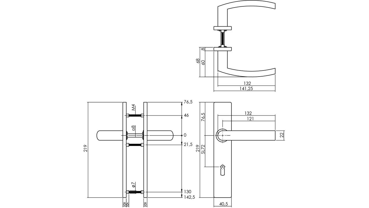 Deurkruk Blok op schild verdekt rechthoekig 219x40mm met nokken sleutelgat 72mm rvs EN1906/4