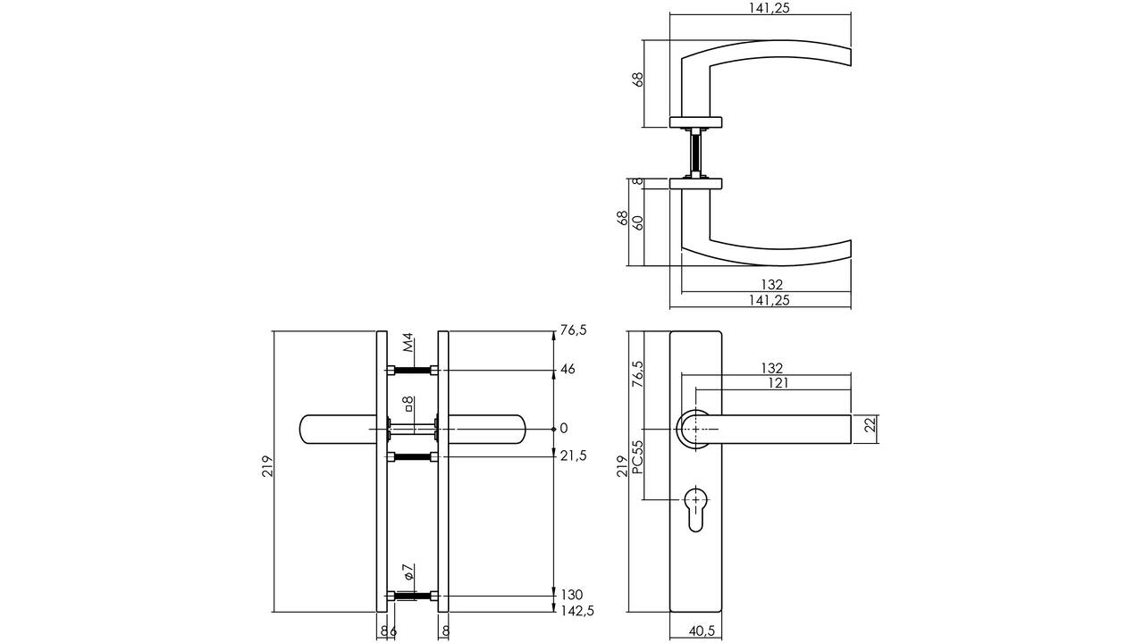 Deurkruk Blok op schild verdekt rechthoekig 219x40mm met nokken profielcilindergat 55mm rvs EN1906/4
