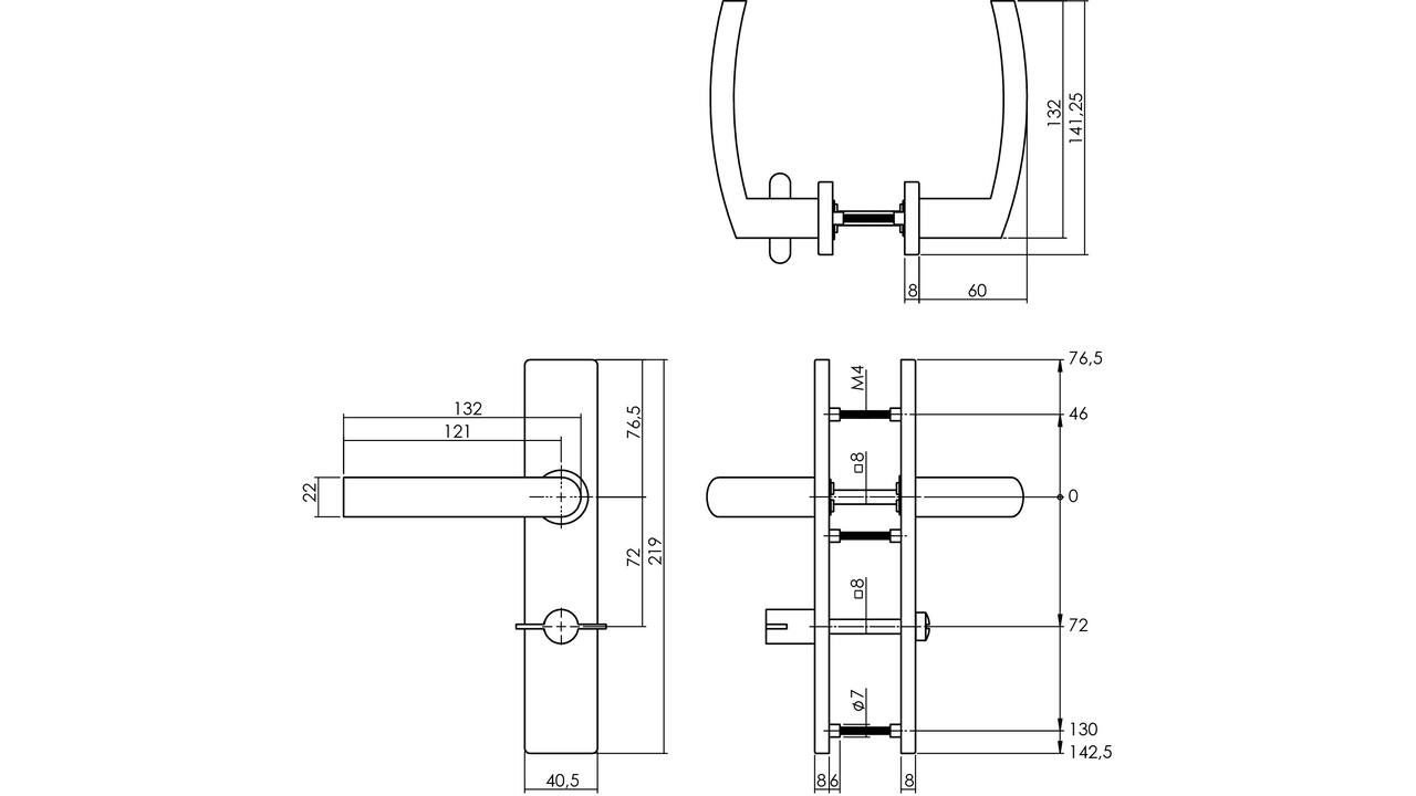 Deurkruk Blok op schild verdekt rechthoekig 219x40mm met nokken wc 78/8mm rvs EN1906/4