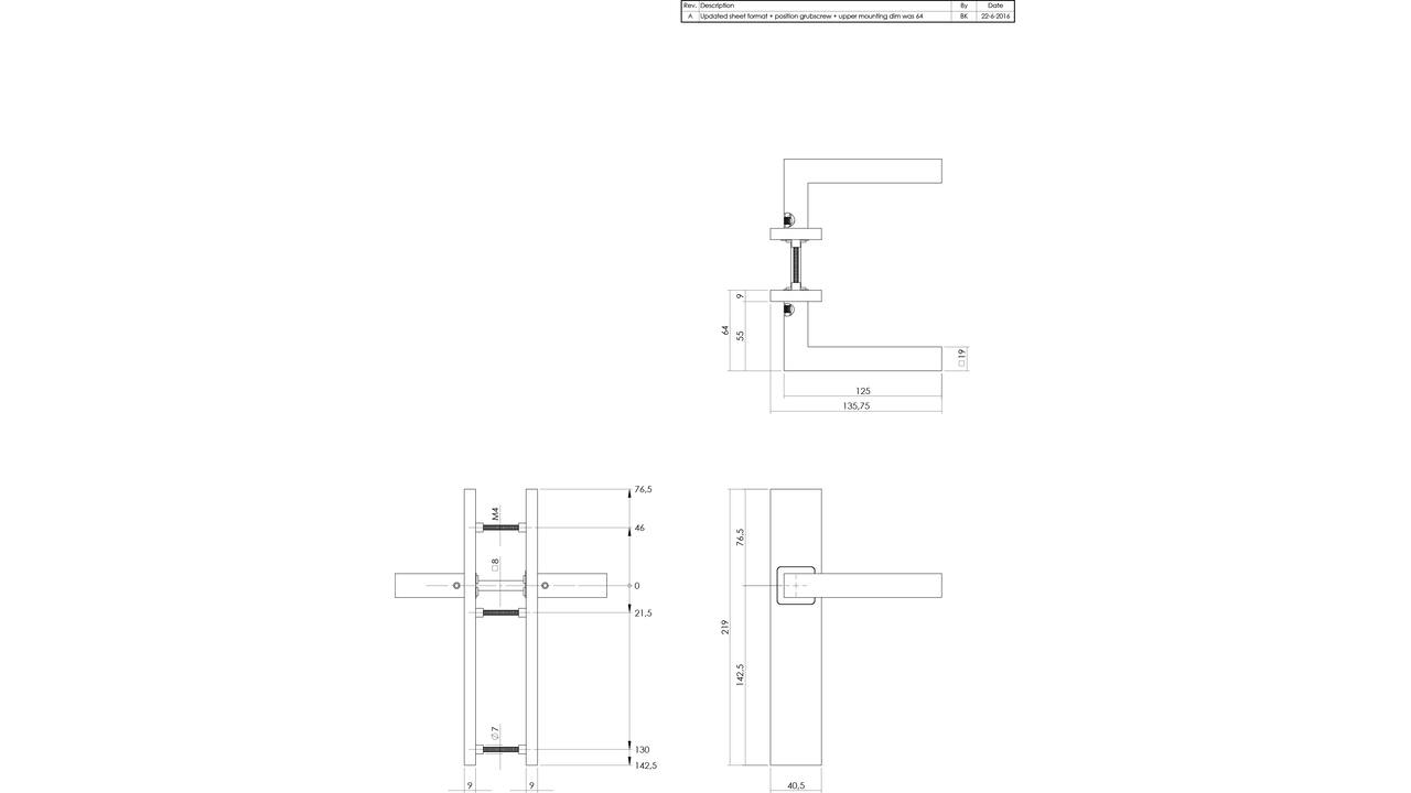 Deurkruk Vierkant op schild verdekt rechthoekig 219x40mm met nokken blind rvs EN1906/4