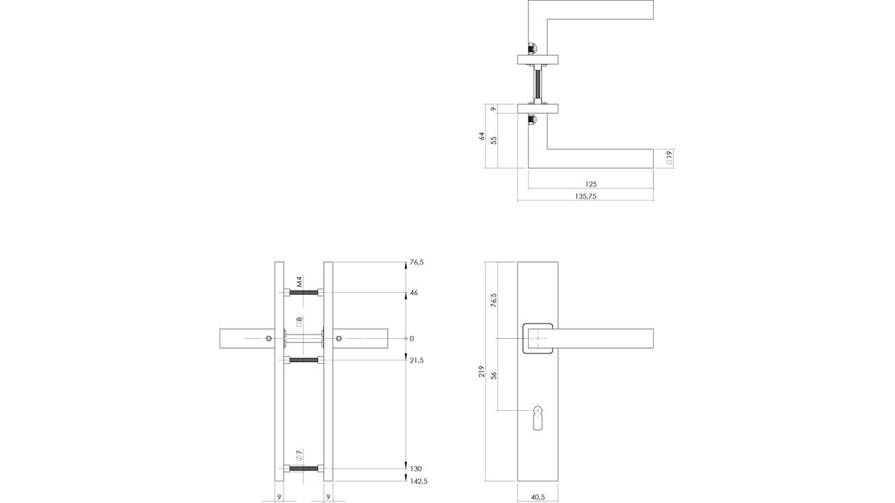 Deurkruk Vierkant op schild verdekt rechthoekig 219x40mm met nokken sleutelgat 56mm rvs EN1906/4